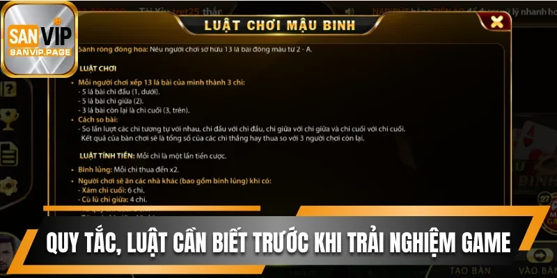 Mậu Binh Sanvip - Trò Chơi Kịch Tính Chinh Phục Mọi Hội Viên 2 Quy tắc và luật cần biết trước khi trải nghiệm game