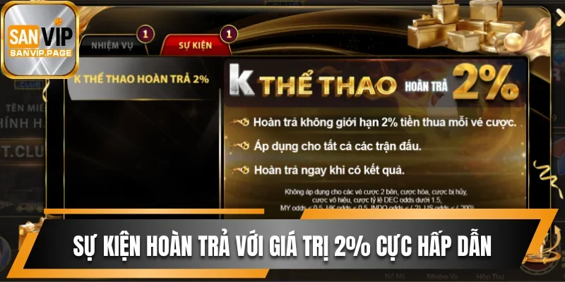 Thể Thao Sanvip Đem Đến Trải Nghiệm Cá Cược Đỉnh Cao 3 Sự kiện hoàn trả với giá trị 2% cực hấp dẫn